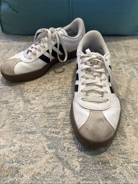 adidas White Sneakers with Black Stripes and Gum Outsole